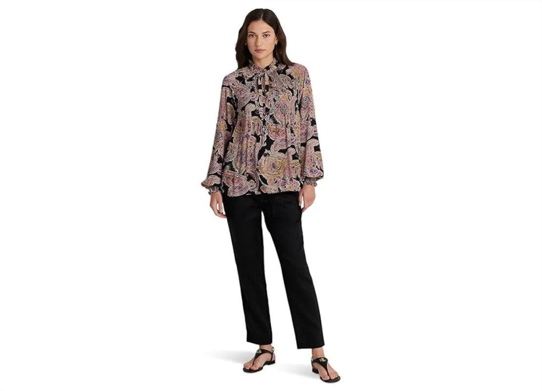 LAUREN Ralph Lauren Print Pleated Georgette Tie-Neck Blouse Black sold by Leota