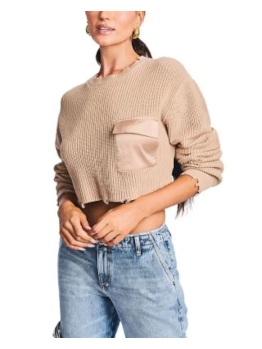 Ser.o.ya Womens Beige Pocketed Distressed Long Sleeve Crew Neck Crop Top Sweater Tan Size M sold by Leota