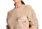 Ser.o.ya Womens Beige Pocketed Distressed Long Sleeve Crew Neck Crop Top Sweater Tan Size M sold by Leota