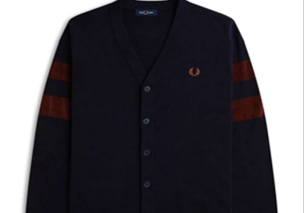 Fred Perry Merino Wool & Cotton Textured Tipping Regular Fit V Neck Cardigan Navy Size S sold by Leota product image thumbnail 2