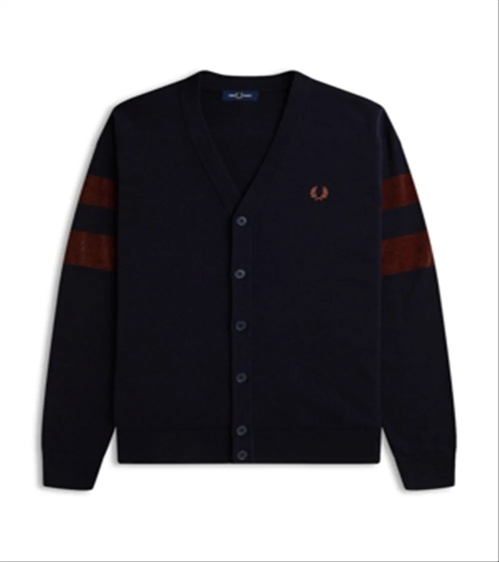 Fred Perry Merino Wool & Cotton Textured Tipping Regular Fit V Neck Cardigan Navy Size S sold by Leota