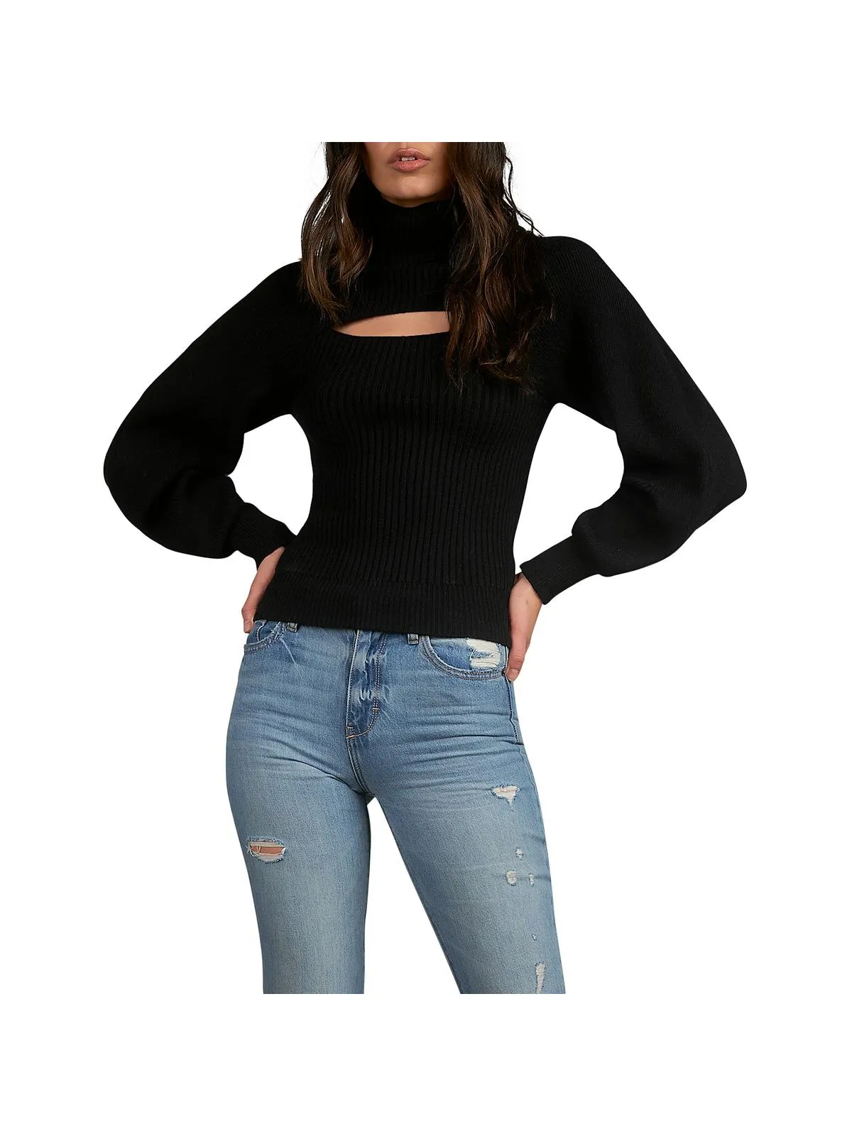 Elan Cutout Turtleneck Sweater Black Size XS sold by Leota