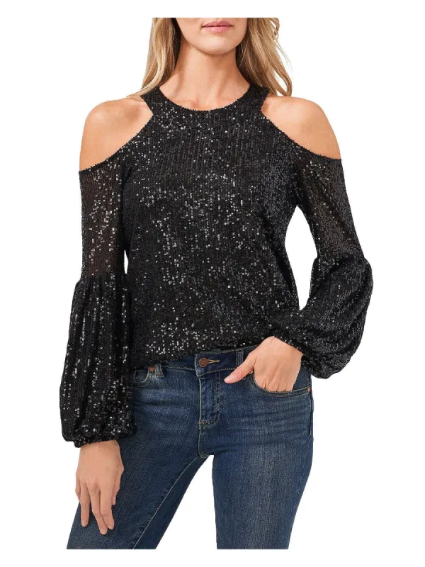 CeCe Womens Sequined Cold Shoulder Blouse Black Size XS sold by Leota