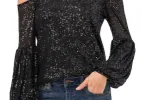 CeCe Womens Sequined Cold Shoulder Blouse Black Size XS sold by Leota