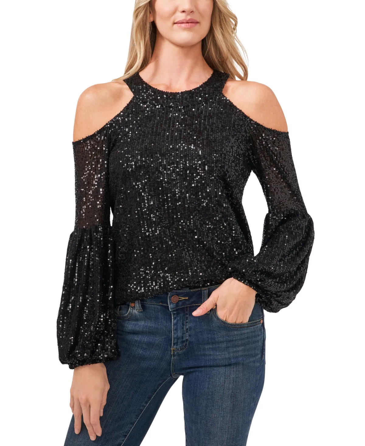 CeCe Womens Sequined Cold Shoulder Blouse Black Size XS sold by Leota product image thumbnail 4