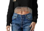 Astr the Label Palmer Rhinestone Fringe Sweater Black Size XS sold by Leota