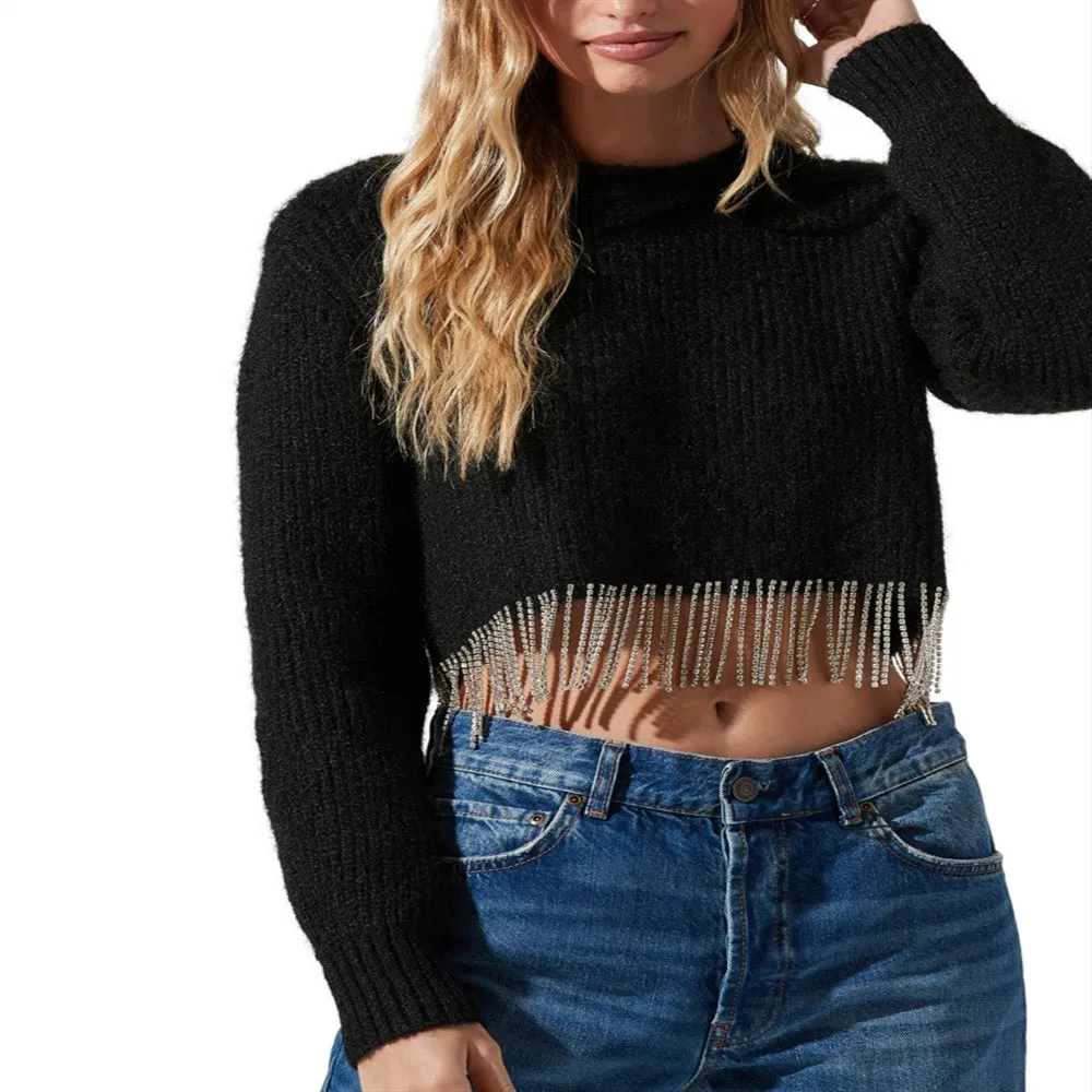 Astr the Label Palmer Rhinestone Fringe Sweater Black Size XS sold by Leota product image thumbnail 4