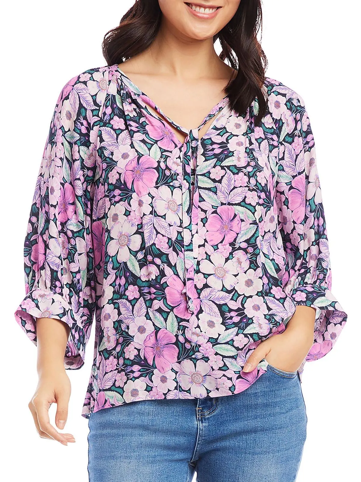 Karen Kane Floral Print Blouson Sleeve Top Gray Size XS sold by Leota