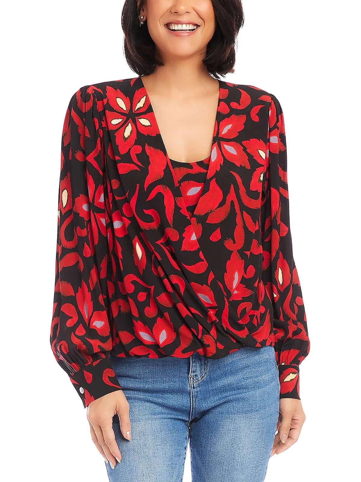 Karen Kane Printed Crossover Top Red sold by Leota