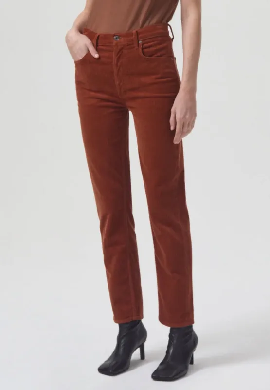 AGOLDE Riley High Rise Corduroy Ankle Straight Jeans Brown sold by Leota