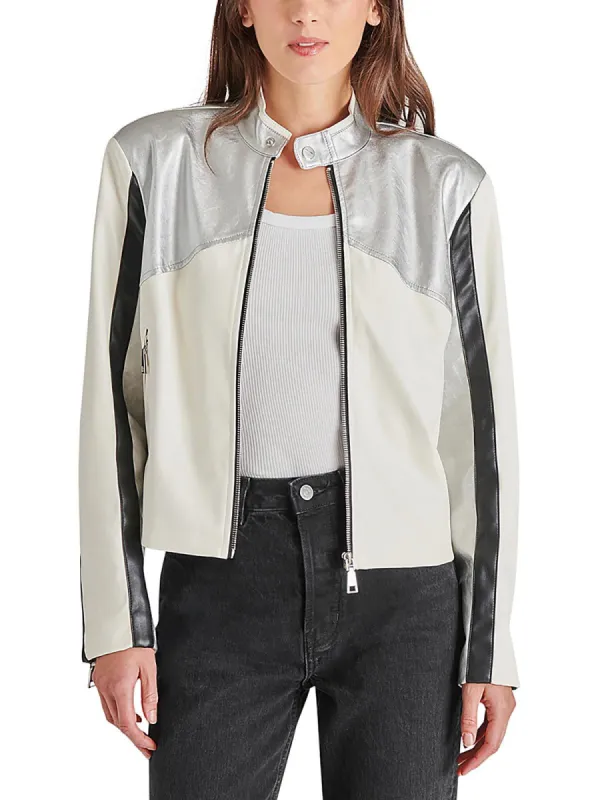 Steve Madden Helayna Color Blocked Moto Jacket Silver sold by Leota