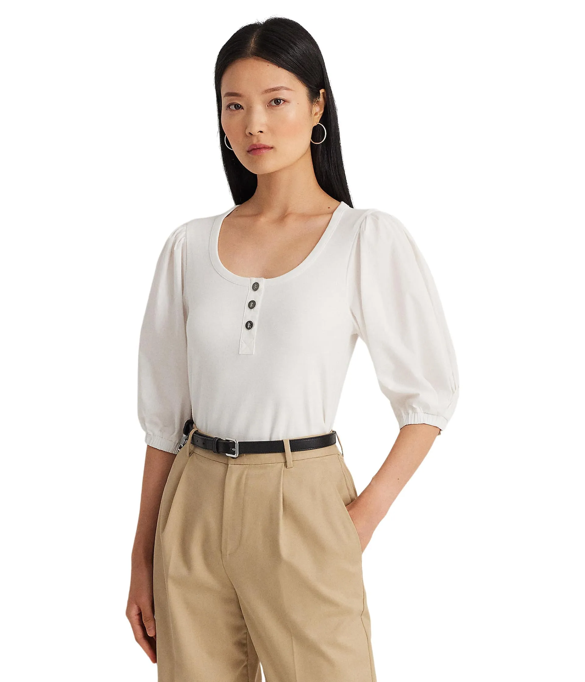 LAUREN Ralph Lauren Stretch Cotton Puff-Sleeve Henley Tee sold by Leota
