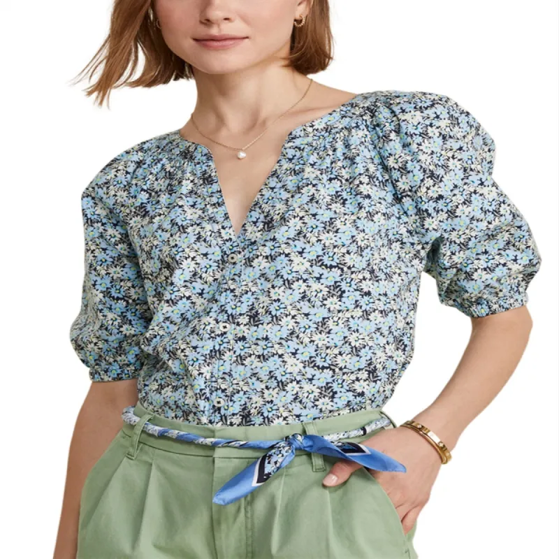 Vineyard Vines Puff Sleeve Button Front Top Blue sold by Leota