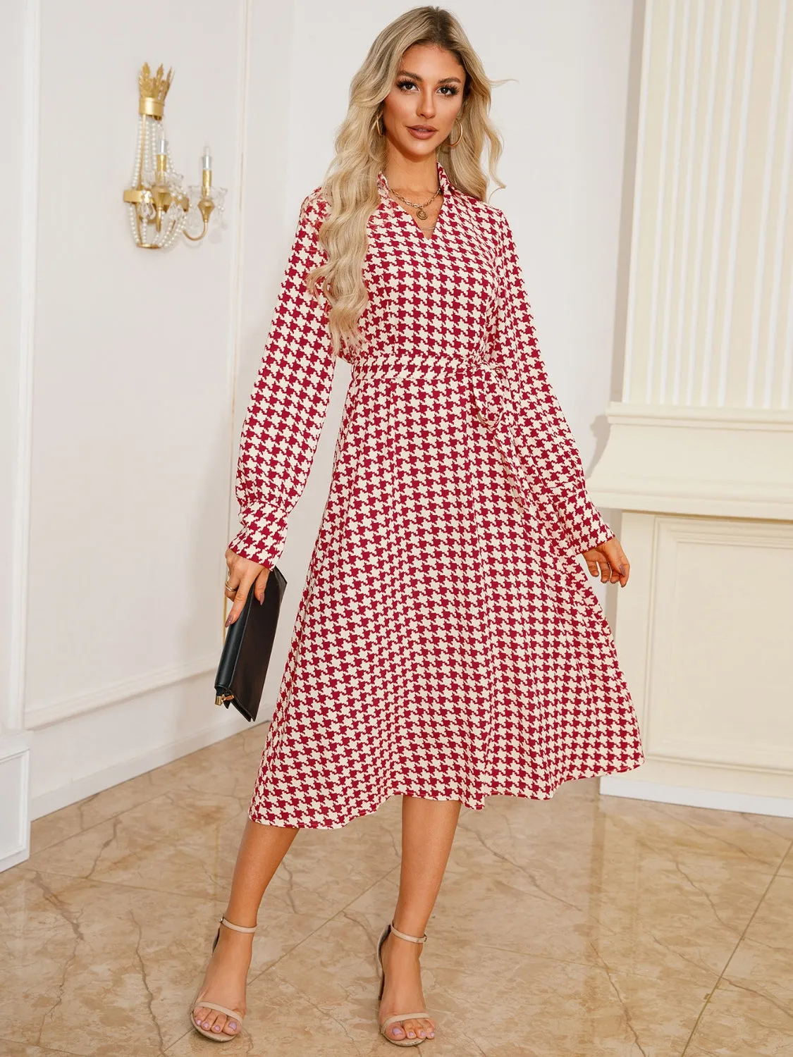 L.NY Tied Houndstooth Long Sleeve Midi Dress sold by Leota product image thumbnail 2