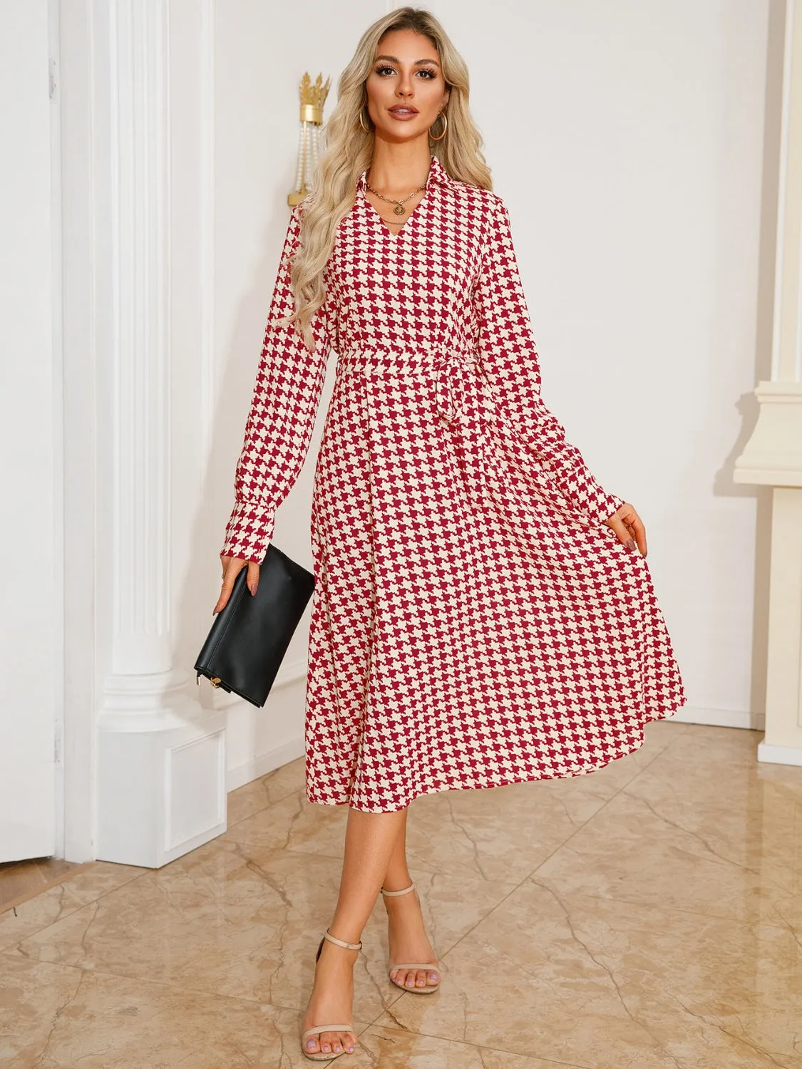 L.NY Tied Houndstooth Long Sleeve Midi Dress sold by Leota product image thumbnail 3