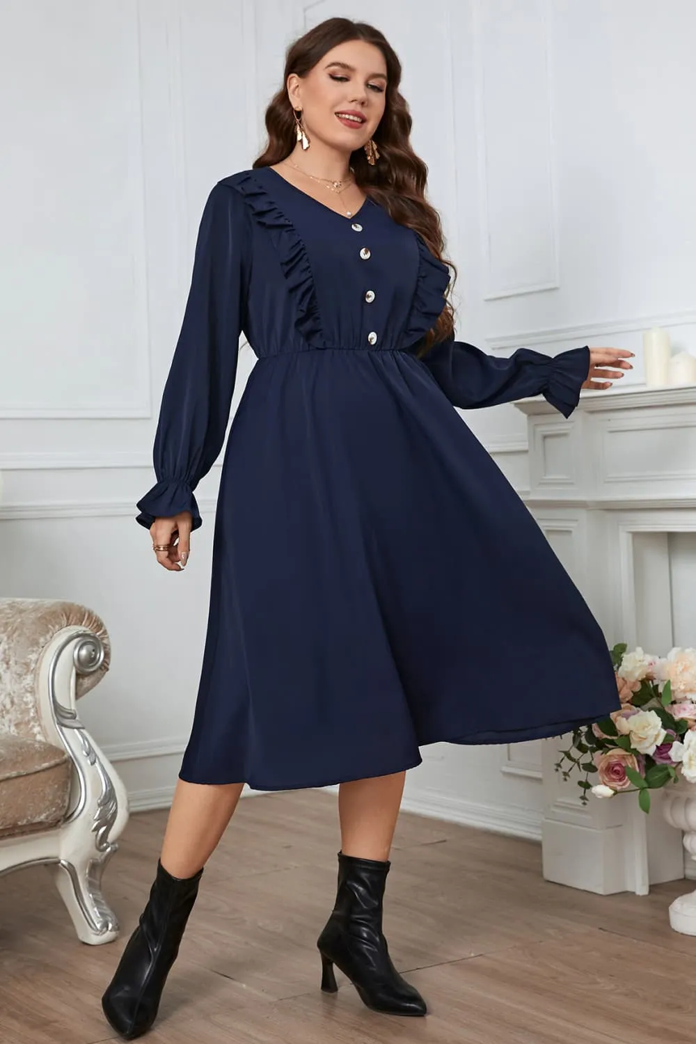 L.NY Plus Size V-Neck Buttoned Flounce Sleeve Dress sold by Leota product image thumbnail 4