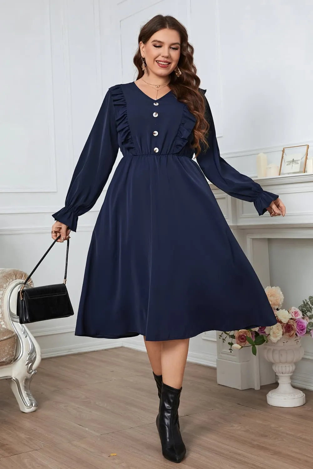 L.NY Plus Size V-Neck Buttoned Flounce Sleeve Dress sold by Leota product image thumbnail 3