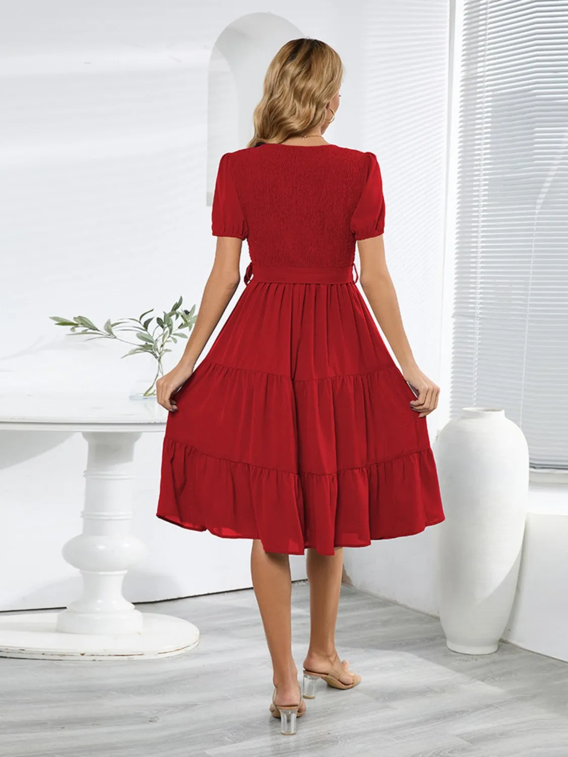 L.NY Smocked Tie Front Short Sleeve Tiered Dress sold by Leota product image thumbnail 4