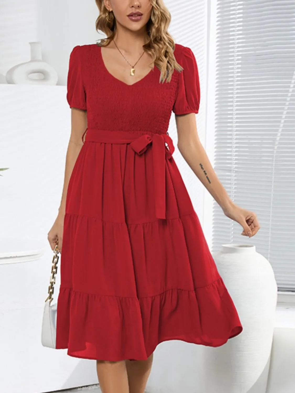 L.NY Smocked Tie Front Short Sleeve Tiered Dress sold by Leota