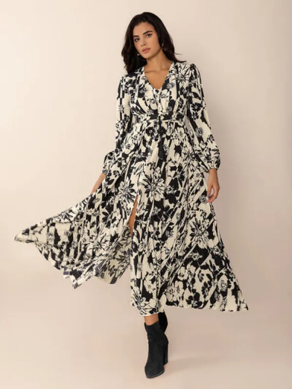 L.NY Tied Printed V-Neck Long Sleeve Midi Dress sold by Leota