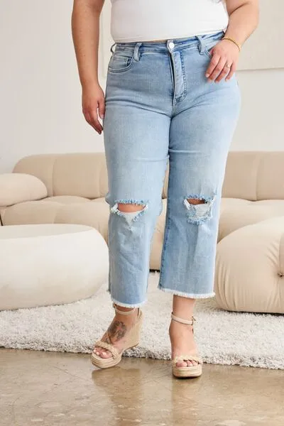 L.NY Full Size Tummy Control High Waist Raw Hem Distressed Jeans sold by Leota product image thumbnail 3