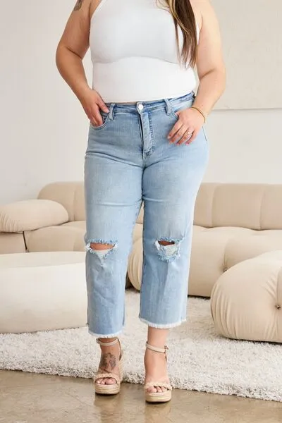 L.NY Full Size Tummy Control High Waist Raw Hem Distressed Jeans sold by Leota product image thumbnail 5
