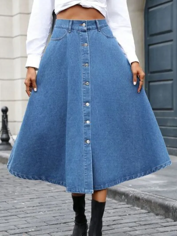 L.NY Buttoned Midi Denim Skirt with Pockets sold by Leota