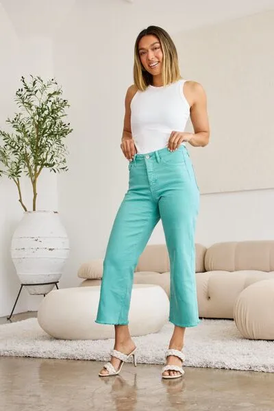 L.NY Crop Chloe Full Size Tummy Control High Waist Raw Hem Jeans sold by Leota product image thumbnail 3