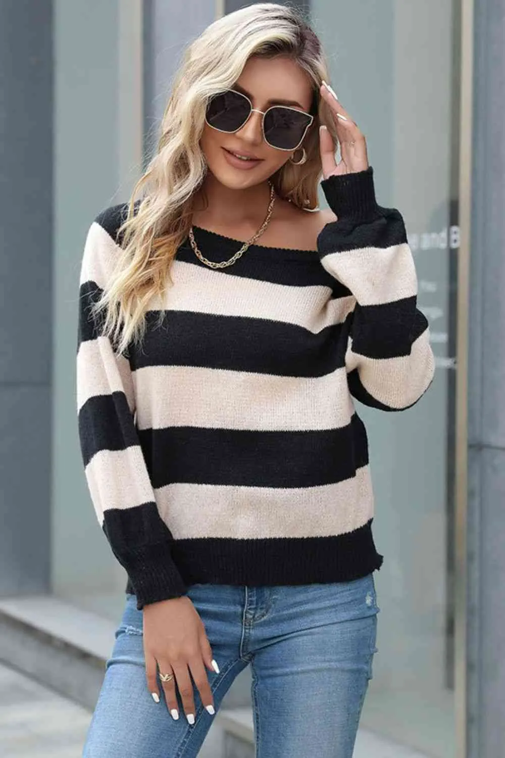 L.NY Perfee Horizontal Stripe Raglan Sleeve Sweater sold by Leota