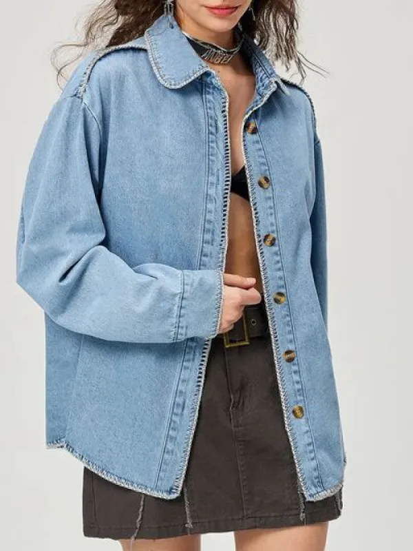L.NY Button Up Collared Neck Denim Top sold by Leota
