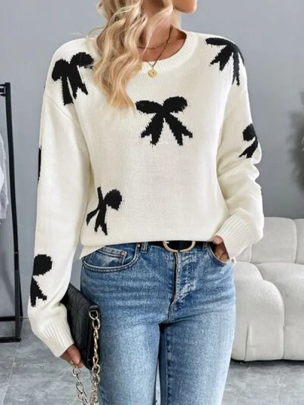 L.NY Perfee Bow Graphic Round Neck Long Sleeve Sweater sold by Leota