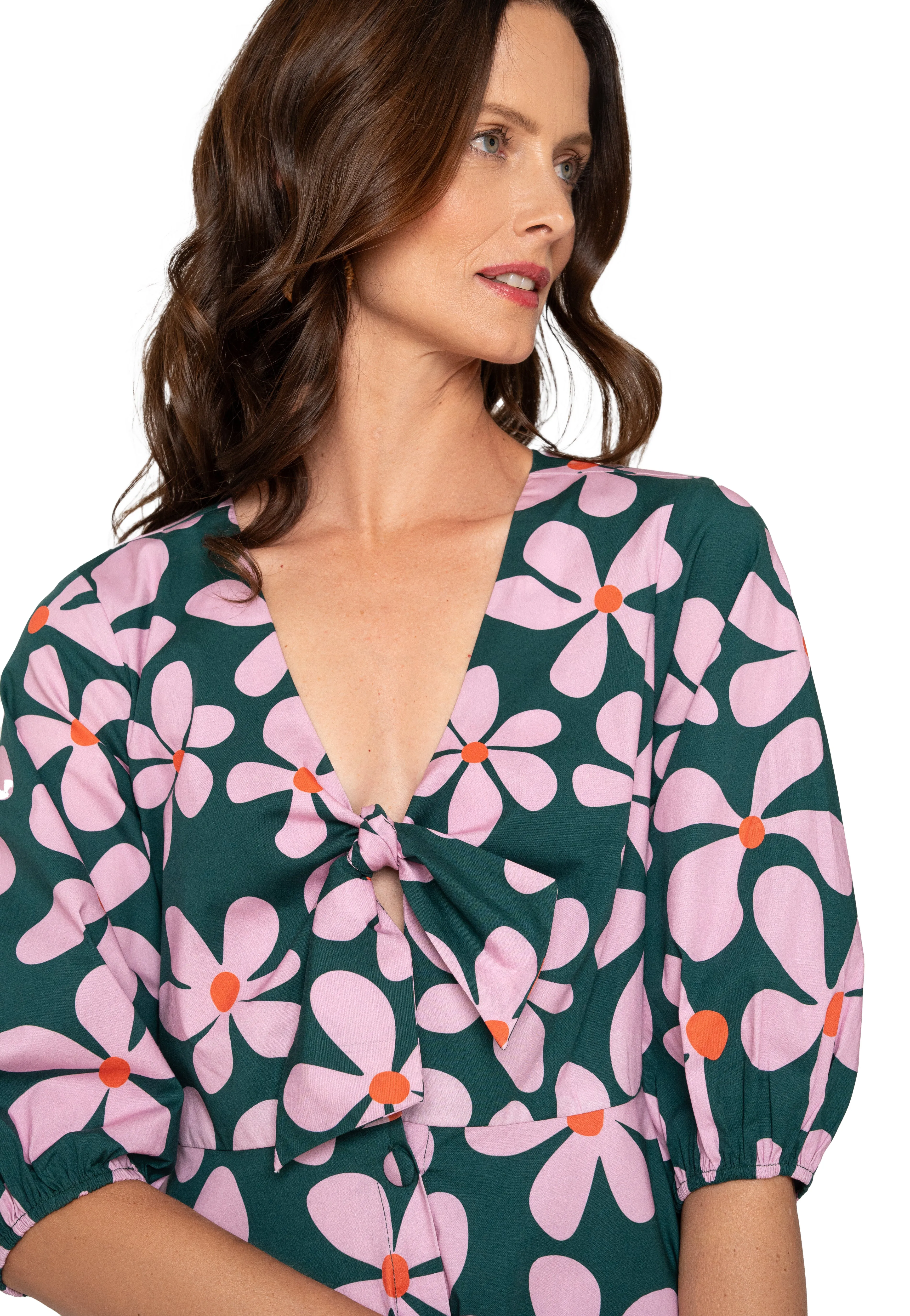 Adriana Tie-Front Midi Dress Dancing Daisies Evergreen sold by Leota product image thumbnail 5