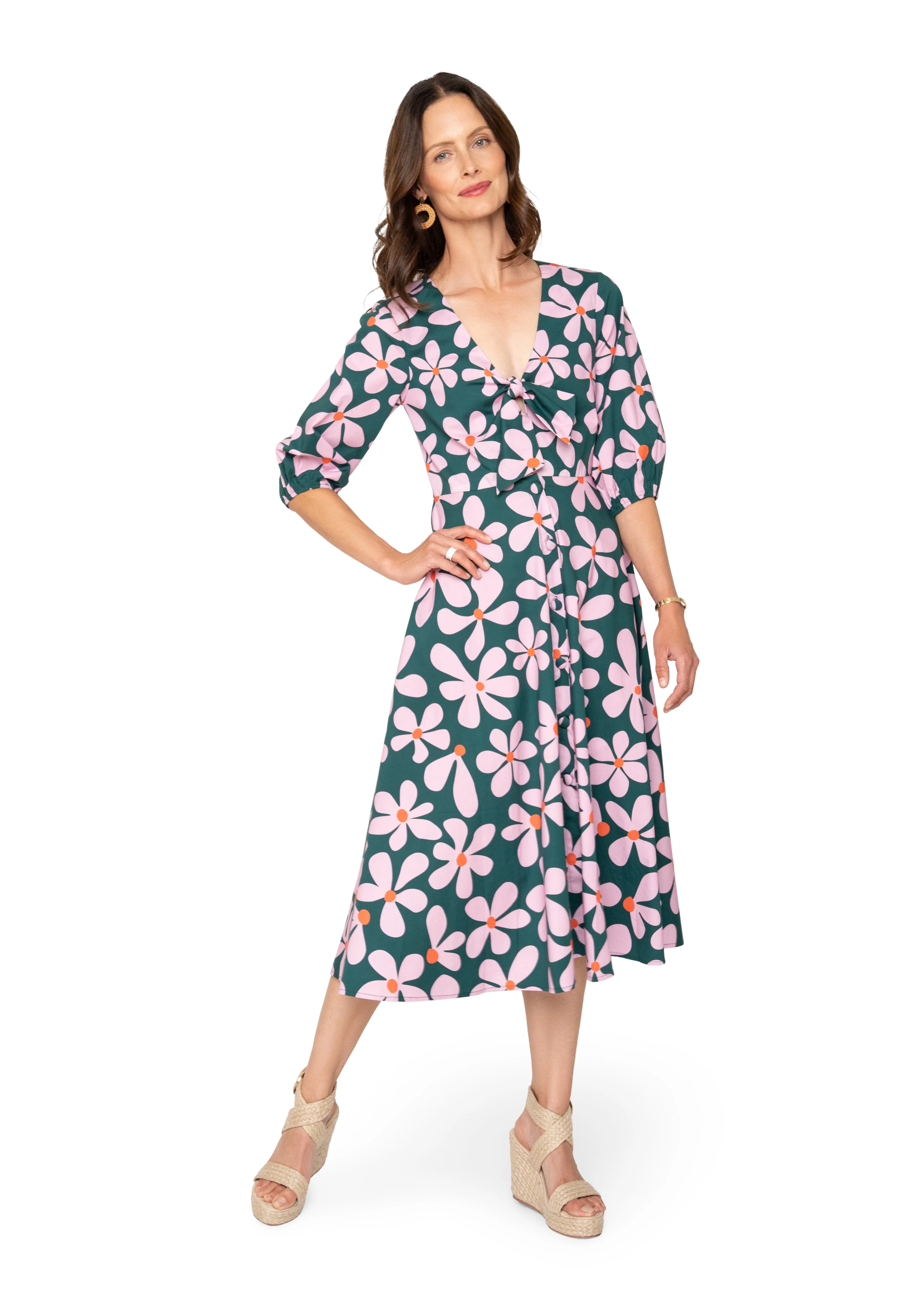 Adriana Tie-Front Midi Dress Dancing Daisies Evergreen sold by Leota product image thumbnail 3