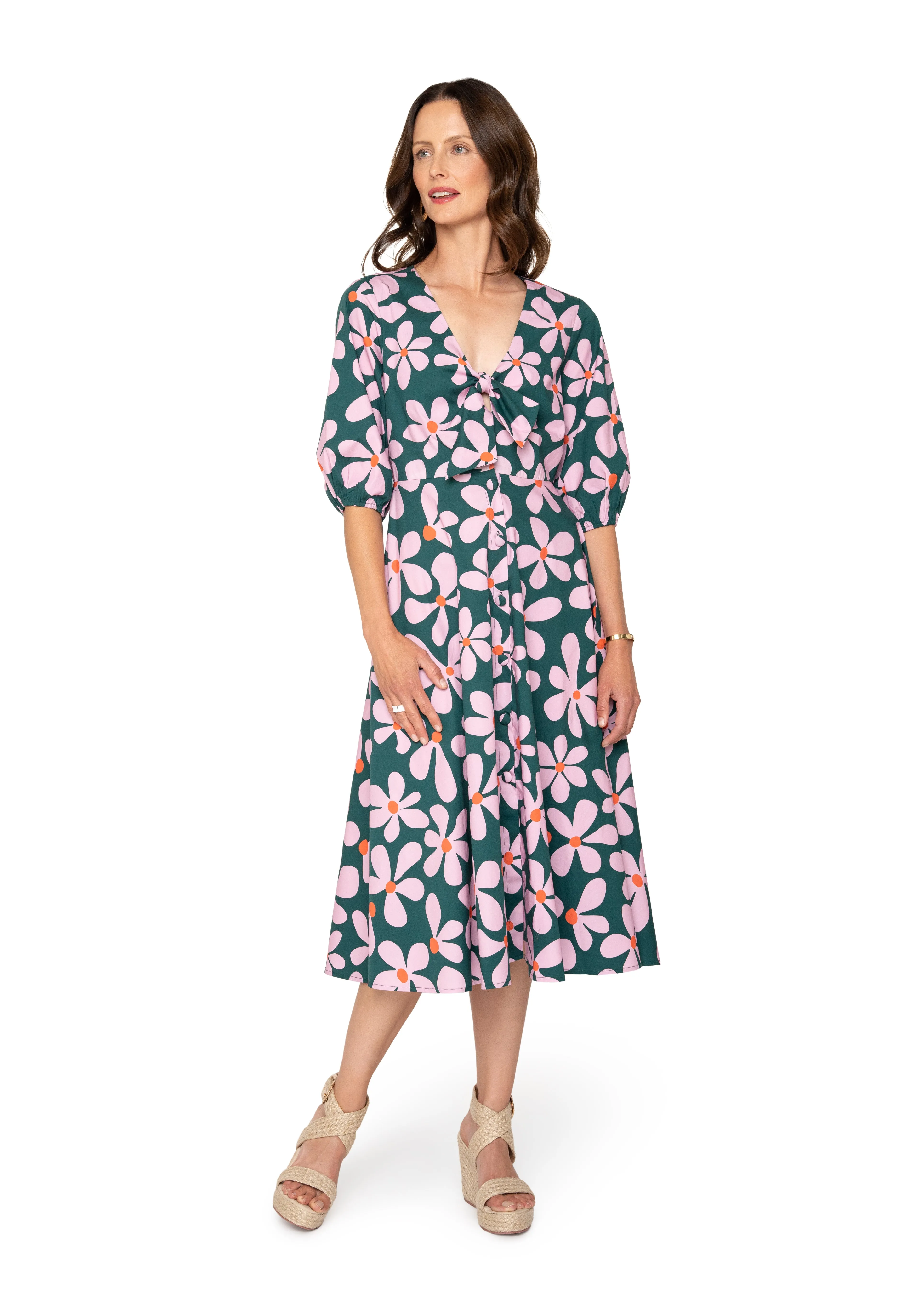 Adriana Tie-Front Midi Dress Dancing Daisies Evergreen sold by Leota