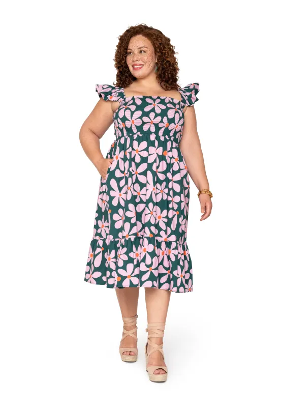 Ivanna A-Line Smocked Midi Dress Dancing Daisies Evergreen sold by Leota