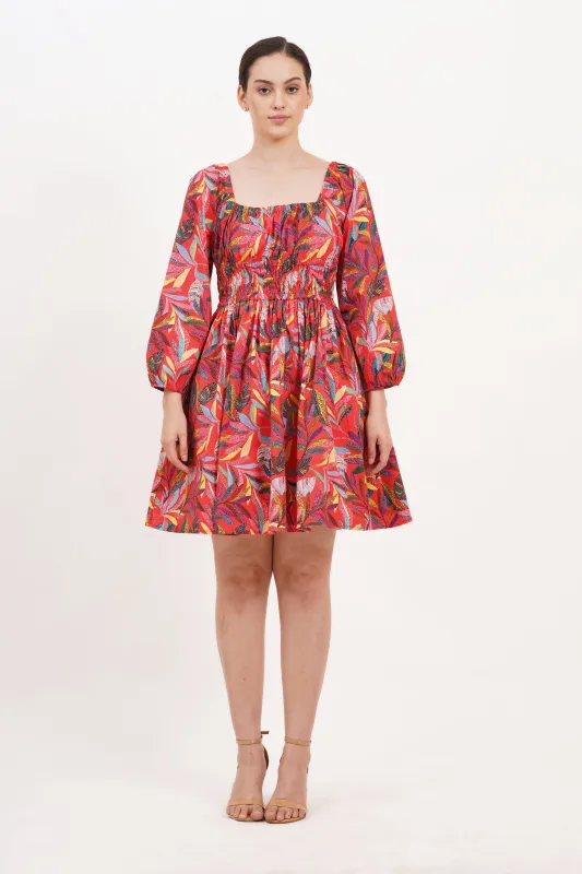 Genevieve Square Neck Mini Dress Palm Foliage Poppy Red sold by Leota