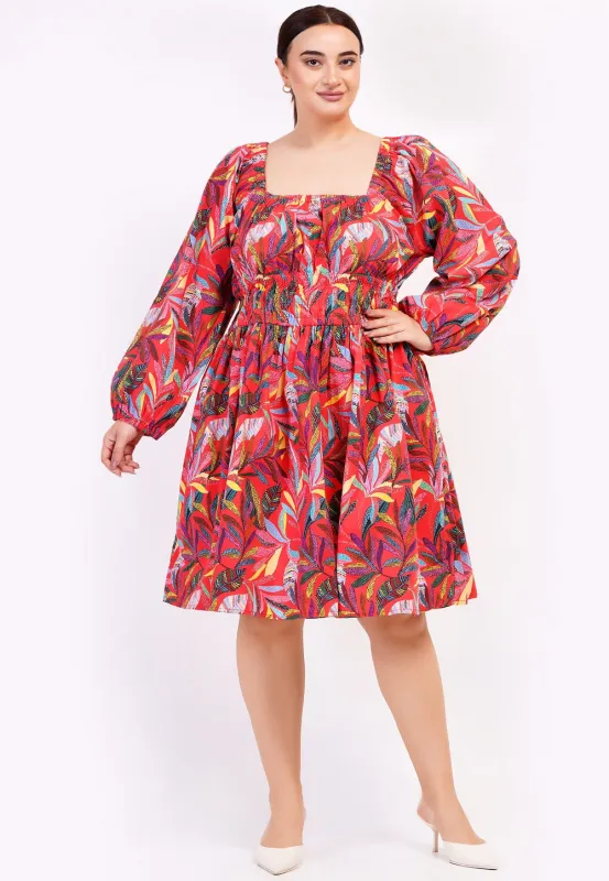 Genevieve Square Neck Mini Dress Palm Foliage Poppy Red sold by Leota