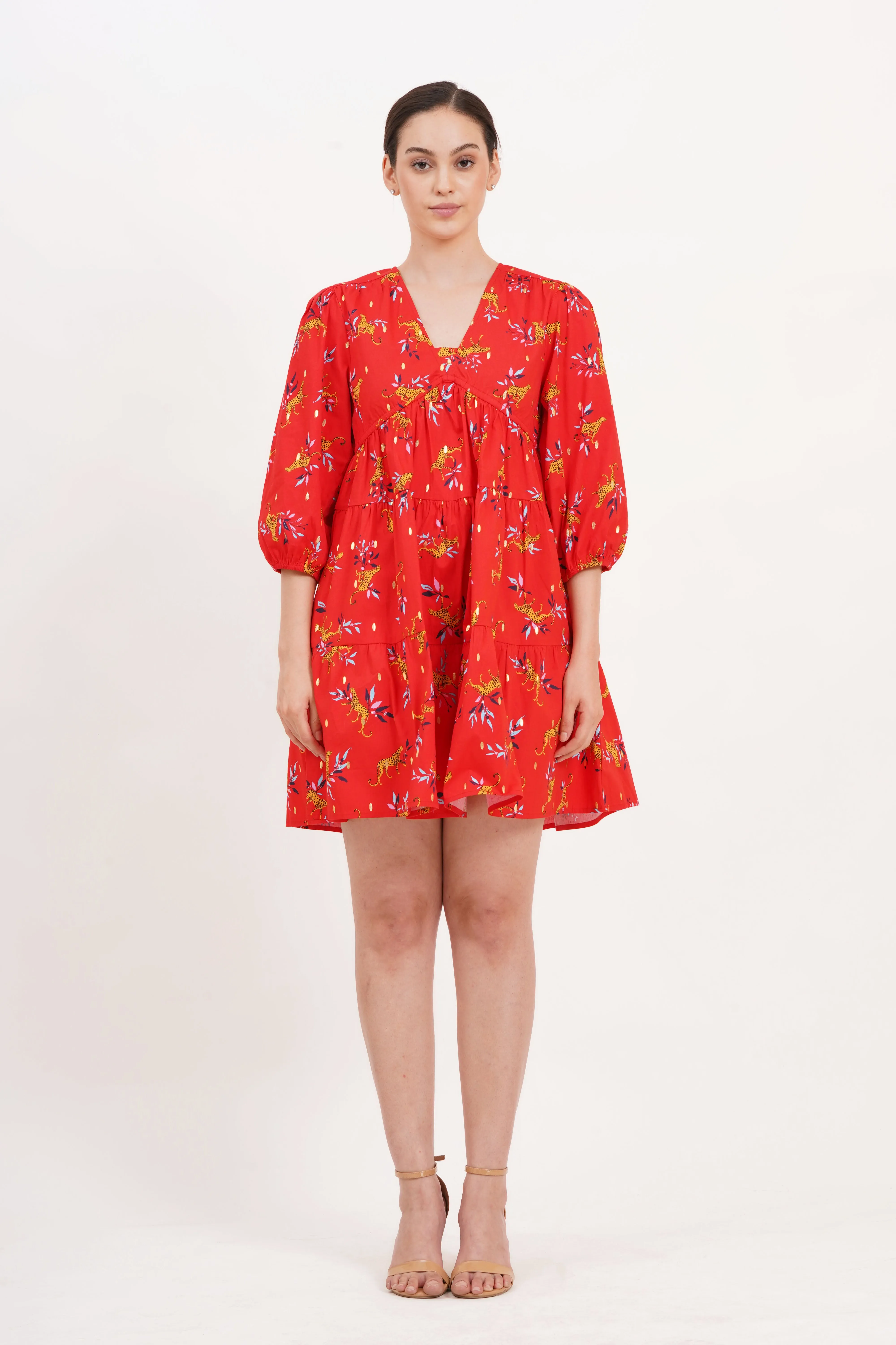 Zariah Empire Waist Mini Dress Lucky Cheetah Poppy Red sold by Leota