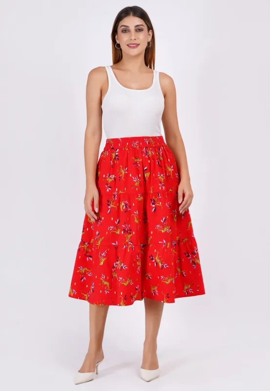 Evelyn Tiered Midi Skirt Lucky Cheetah Poppy Red sold by Leota