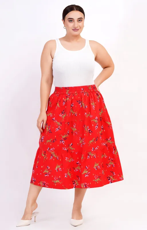 Evelyn Tiered Midi Skirt Lucky Cheetah Poppy Red sold by Leota