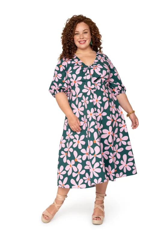Adriana Tie-Front Midi Dress Dancing Daisies Evergreen sold by Leota