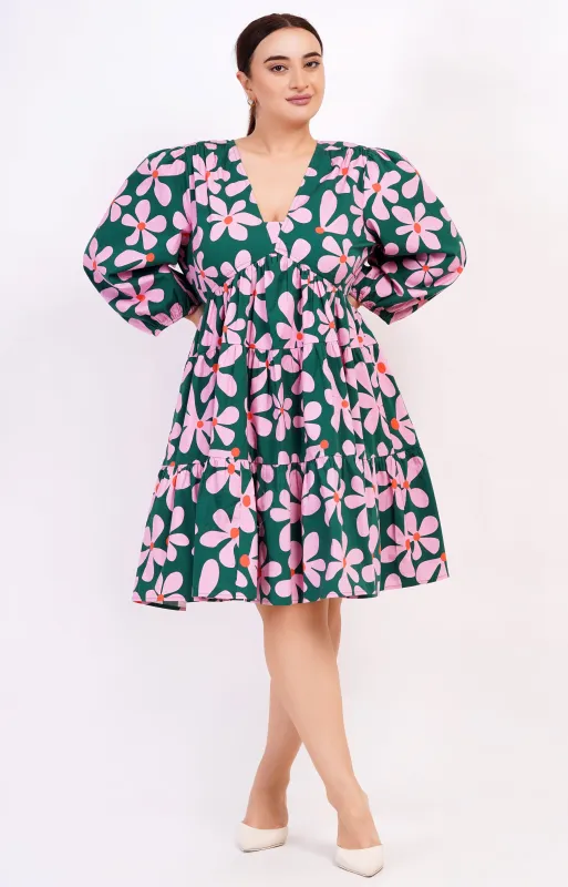 Zariah Empire Waist Mini Dress Dancing Daisies Evergreen sold by Leota