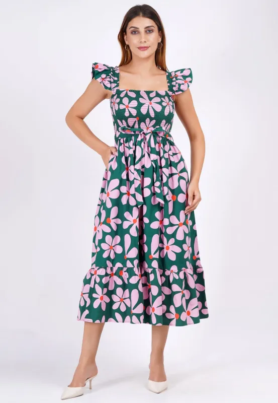 Ivanna A-Line Smocked Midi Dress Dancing Daisies Evergreen sold by Leota