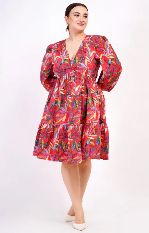 Zariah Empire Waist Mini Dress Palm Foliage Poppy Red sold by Leota