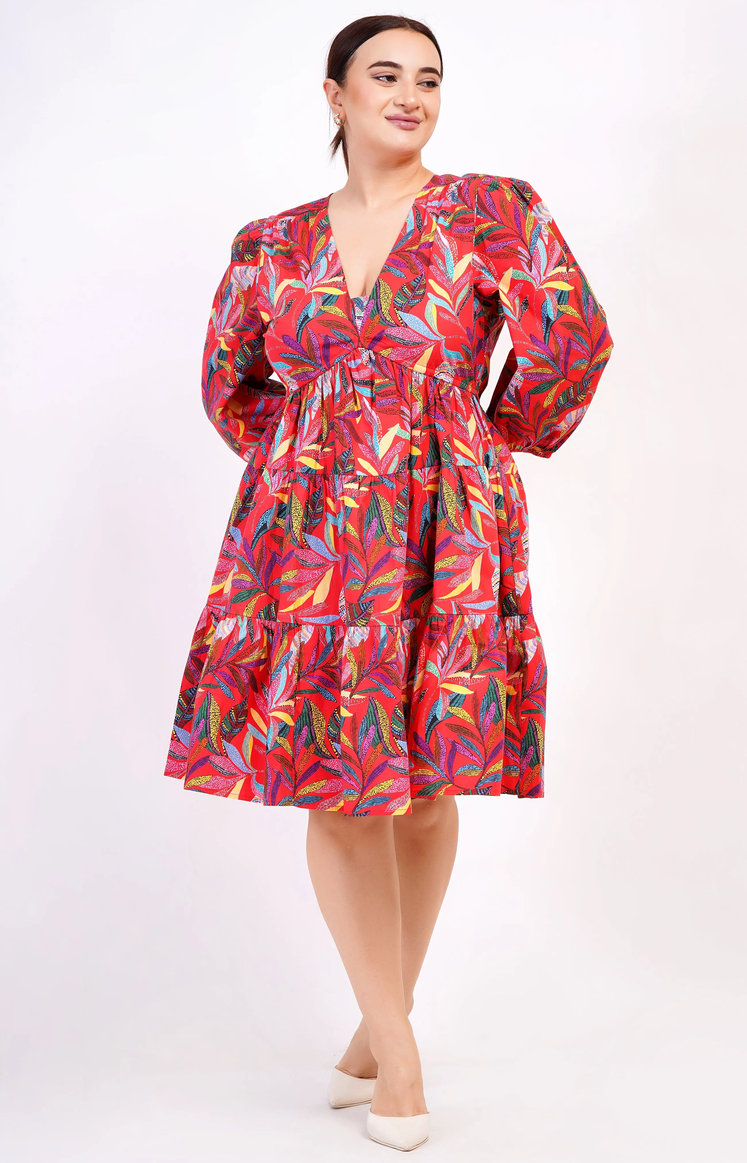 Zariah Empire Waist Mini Dress Palm Foliage Poppy Red sold by Leota