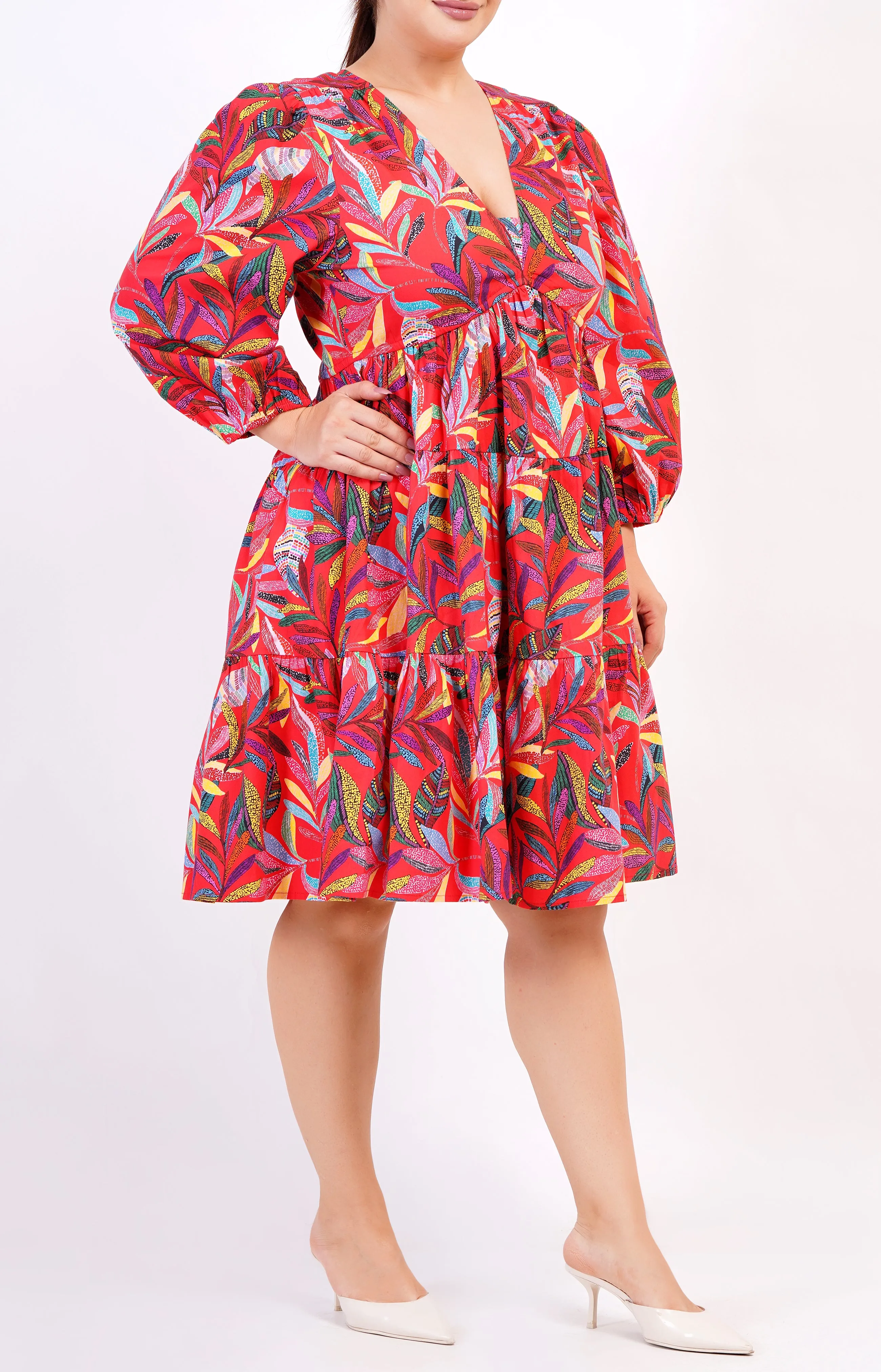 Zariah Empire Waist Mini Dress Palm Foliage Poppy Red sold by Leota product image thumbnail 4