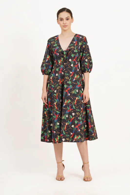 Adriana Tie-Front Midi Dress Macaw Print sold by Leota