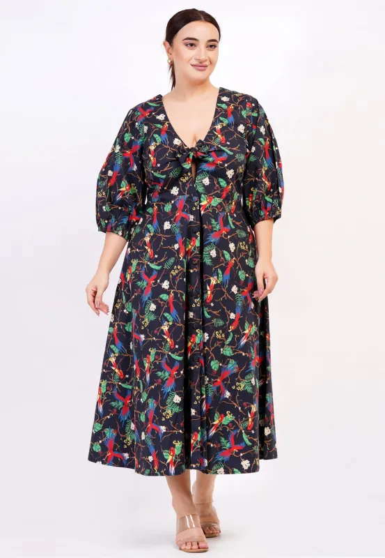Adriana Tie-Front Midi Dress Macaw Print sold by Leota