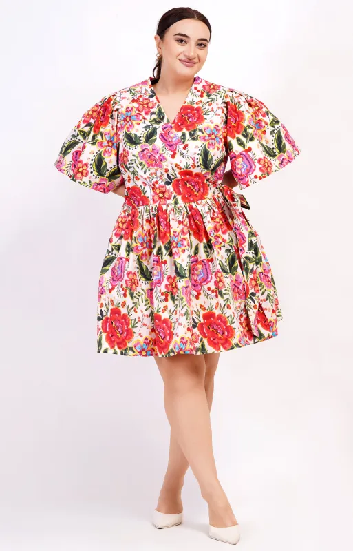 Alena Mini Wrap Dress Crown Floral Flame Scarlet sold by Leota