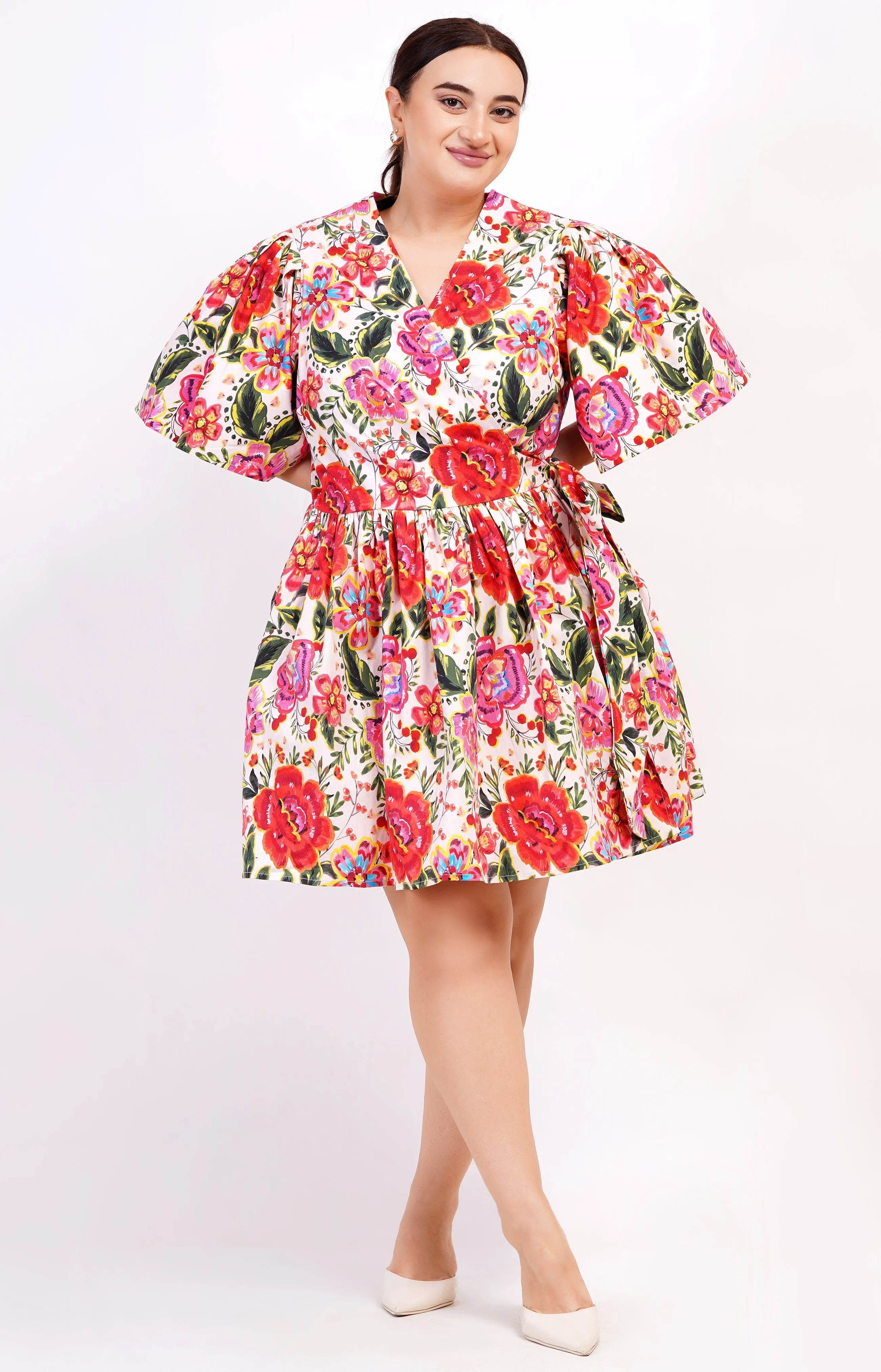 Alena Mini Wrap Dress Crown Floral Flame Scarlet sold by Leota
